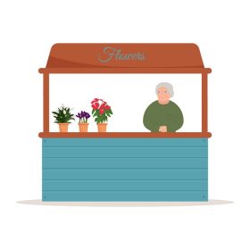 دانلود وکتور پیشخوان غرفه پیشخوان بازار مواد غذایی با گل روی قفسه