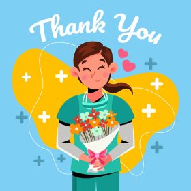 دانلود وکتور تصویری از افسر مراقبت های بهداشتی که دسته گل در دست دارد به عنوان تشکر از آنها
