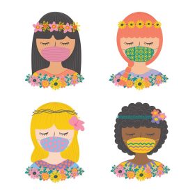 دانلود مجموعه وکتور دختر ناز با ماسک صورت با گل وکتور شخصیت رنگ پاپ تخت