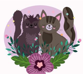 دانلود وکتور گربه های ناز با گل های تزئینی شاخ و برگ طبیعت حیوانات خانگی کارتونی