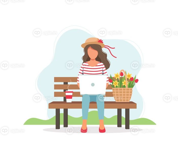 دانلود وکتور زن با لپ تاپ نشسته روی نیمکت و گل های بهاری در سبد تصویری زیبا به سبک تخت