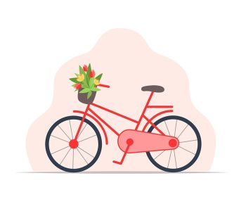 دانلود وکتور دوچرخه زنانه قرمز با سبد گل