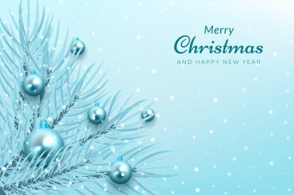 دانلود وکتور پس زمینه جشن زمستانی با شاخه های درخت برفی و تزیینات توپ آبی درخشان برای تعطیلات کریسمس مبارک در دسامبر