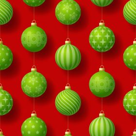 دانلود وکتور الگوی بدون درز کریسمس واقع گرایانه با نقوش هندسی توپ بابل سبز در پس زمینه قرمز تصویر برداری ساده الگوی سال نو