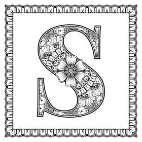 دانلود وکتور حرف s ساخته شده از گل در کتاب رنگ آمیزی به سبک mehndi