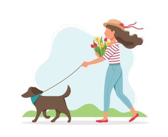 دانلود وکتور زن در حال راه رفتن سگ در بهار با گل تصویر زیبا به سبک تخت