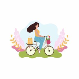 دانلود وکتور یک زن دوچرخه سواری با گل و مفهوم خرید