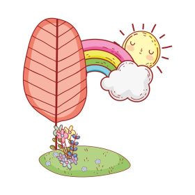 دانلود وکتور درخت منظره رنگین کمان گلهای خورشید شاخ و برگ چمن کارتون طراحی آیکون جدا شده تصویر برداری