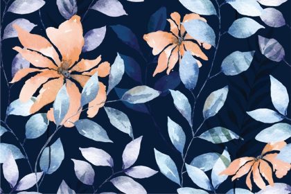 دانلود وکتور الگوی بدون درز گل برگ گیاهان ترسیم شده با آبرنگ در پس زمینه آبی طراحی شده برای پارچه و کاغذ دیواری سبک قدیمی