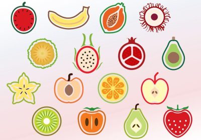 دانلود مجموعه وکتور با میوه و سبزیجات برش رنگارنگ تا نصف ایده آل برای نشان دادن یک مقاله از یک مجله به عنوان مثال