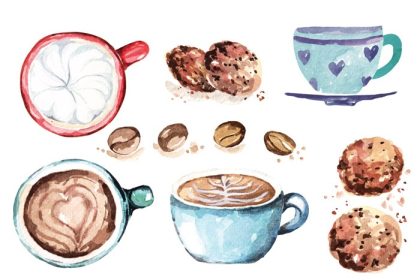 دانلود وکتور فنجان قهوه و کوکی نقاشی شده با آبرنگ لاته آرت با اشکال قلب