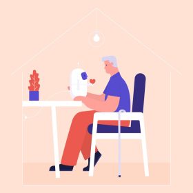 دانلود وکتور مرد سالمند نشسته روی میز نگهدارنده ربات مراقبت با قلب روی شارژر پشتیبانی و خدمات مراقبت از سالمندان در منزل مفهوم کارتونی