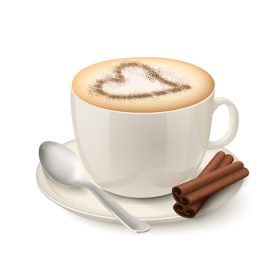 دانلود نمای کناری وکتور روی فنجان بژ واقع گرایانه پر از قهوه و خامه تزئین شده با الگوی دارچینی در قالب تصویر وکتور قلب