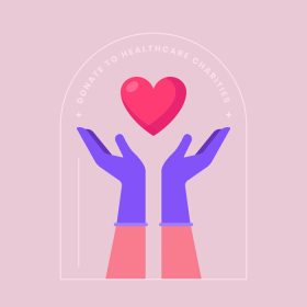 دانلود وکتور بالا بردن دست های زن با دستکش های یکبار مصرف لاتکس پزشکی بنفش با در دست گرفتن و قلب جدا شده در نیم کپسول به شکل طرح کلی قرص اهدا به موسسات خیریه بهداشت و درمان