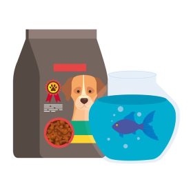 دانلود وکتور غذای سگ در کیسه و کاسه ماهی گرد شیشه ای