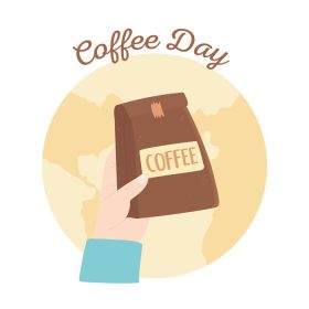 دانلود وکتور تصویر وکتور دست در دست گرفتن کیسه قهوه برای روز قهوه