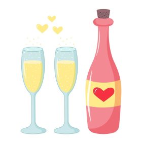 دانلود وکتور بطری شراب با برچسب قلب و دو لیوان شامپاین