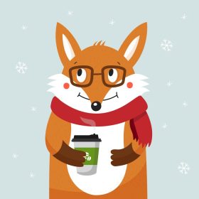 دانلود وکتور روباه ناز هیپستر با عینک و روسری روباه در زمستان قهوه می نوشد