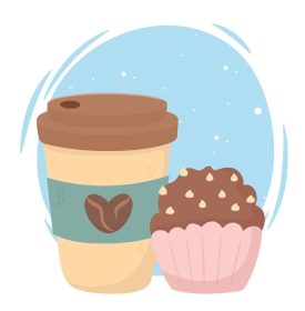 دانلود وکتور فنجان یکبار مصرف قهوه و کیک شیرین با رایحه تازه