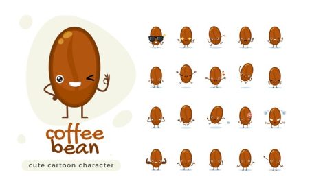دانلود وکتور دانه قهوه ناز در حالت های مختلف مجموعه شخصیت های کارتونی زیبا جدا شده