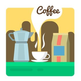 دانلود تصویر وکتور در مورد یک فنجان قهوه با طرح تایپوگرافی قهوه ساز و یک کیسه قهوه