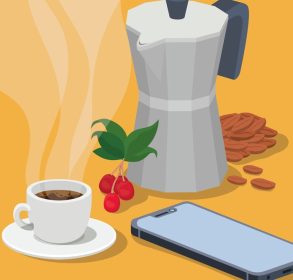 دانلود وکتور قهوه موکا قابلمه فنجان گوشی هوشمند دانه های توت و برگ طرح وکتور