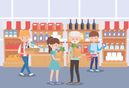 دانلود وکتور افراد در قفسه های سوپرمارکت با محصولات پاکیزگی مواد غذایی