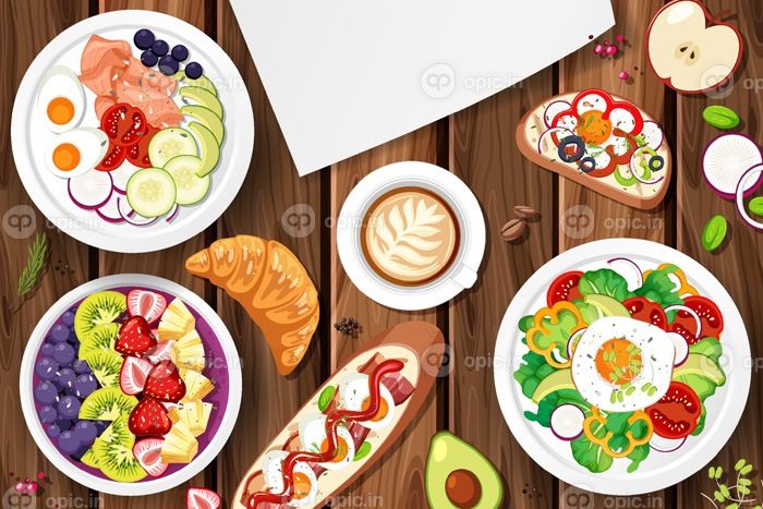 دانلود وکتور بشقاب های مختلف غذا روی میز