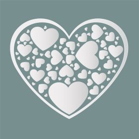 دانلود وکتور کاغذ سفید زیبا برش قلب با قاب سفید وجود دارد بسیاری از قلب های سفید کوچک احاطه شده در یک قاب قلب شکل تصویر وکتور