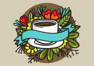 دانلود وکتور یک تصویر رنگارنگ سرگرم کننده از یک فنجان قهوه احاطه شده با گل های درخشان یک بنر آماده برای افزودن پیام شخصی خود
