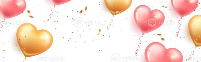 دانلود وکتور بنر افقی جشن با بادکنک های صورتی و طلایی به شکل قلب و کارت مارپیچ و کارتن تولدت مبارک روز ولنتاین روز عروسی وکتور پس زمینه سفید جدا شده