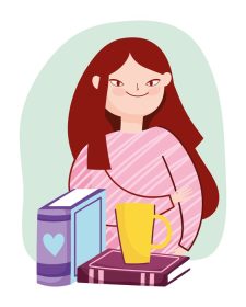 دانلود وکتور زن جوان موهای بلند با کتاب و روز کتاب فنجان قهوه