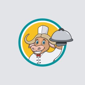 دانلود وکتور برچسب دایره سر بوفالو با سرآشپز سفارشی و غذا بیاورید