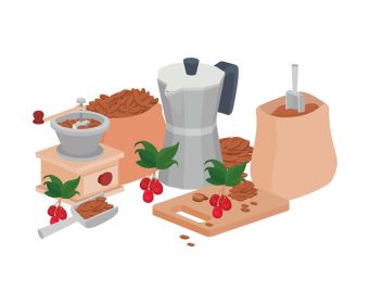 دانلود وکتور مجموعه آیتم ها برای پخت و پز و نوشیدن قهوه در زمینه سفید