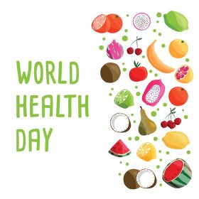 دانلود وکتور قالب پوستر مربعی روز جهانی سلامت با مجموعه ای از میوه های ارگانیک تازه و رنگارنگ نقاشی دستی روی زمینه سفید غذای گیاهی و وگان