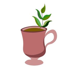 دانلود وکتور فنجان صورتی با چای قهوه ریخته شده داخل و شاخه نعنا