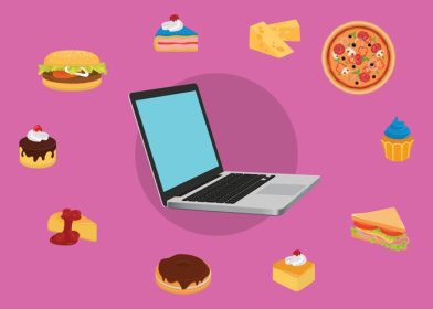 دانلود وکتور سفارش آنلاین غذا کاربر لپ تاپ کامپیوتر با غذاهای مختلف