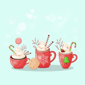 دانلود وکتور نوشیدنی کریسمس فنجان شکلات داغ با پس زمینه زمستانی قرمز