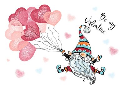 دانلود وکتور کارت روز ولنتاین با یک گنوم زیبا با بادکنک در