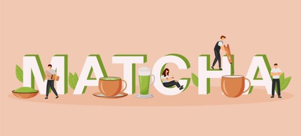 دانلود وکتور ماچا مفاهیم کلمه تخت رنگ وکتور بنر چای سبز لاته نوشیدنی شرقی کافه تریا ژاپنی تایپوگرافی جدا شده با شخصیت های کارتونی ریز کافه شاپ تصویر خلاقانه روی بژ