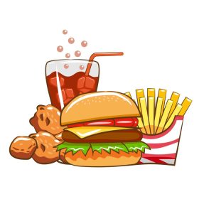 دانلود وکتور ست فست فود کارتونی رنگارنگ جدا شده روی زمینه سفید غذای سیب زمینی سرخ شده برگر پنیر مرغ و نوشابه از رستوران فست فود