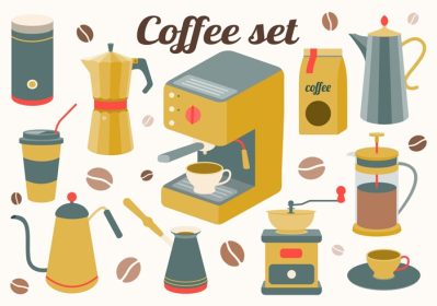 دانلود وکتور قهوه مجموعه لوازم آشپزخانه برای ساخت نوشیدنی ساز پرس فرنچ پرس ماشین قهوه آسیاب دانه های وکتور