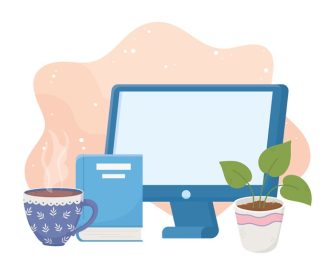 دانلود وکتور شیرین کتاب فنجان قهوه کامپیوتر خانگی و گیاه گلدانی