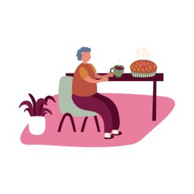 دانلود وکتور مرد مسن در حال خوردن قهوه و پای در فعالیت خانگی به سبک فرم آزاد