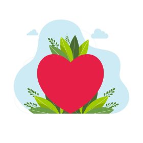 دانلود وکتور مفهوم قلب عشق با برگ در پس زمینه قلب قرمز