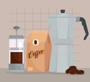 دانلود وکتور روش های دم کردن قهوه آیروپرس و موکا پات با کیسه قهوه