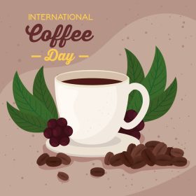 دانلود وکتور پوستر روز بین المللی قهوه با فنجان و دانه قهوه