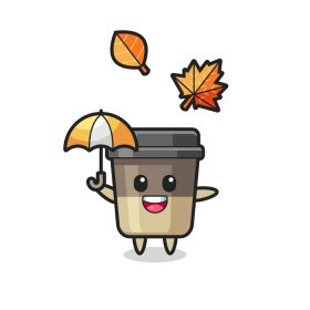 دانلود وکتور کارتون فنجان قهوه بامزه در دست گرفتن چتر در پاییز