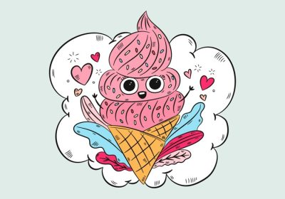 دانلود وکتور تصویر کشیده شده با دست از شخصیت بستنی با برگ و قلب برای استفاده در منوی غذا در شبکه های اجتماعی لیوان تی شرت یا جلد نوت بوک
