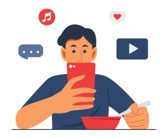 دانلود وکتور مرد در حال خوردن غذا در حال تماشای تلفن همراه